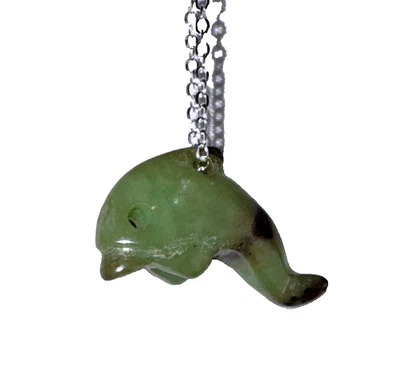 Colar de golfinho joia jaspe verde Bling? Corrente de pedra genuína tom prata - Imagem 1 de 4