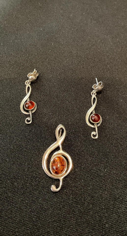 Conjunto de brinco e pingente nota musical, prata e âmbar - Imagem 1 de 4