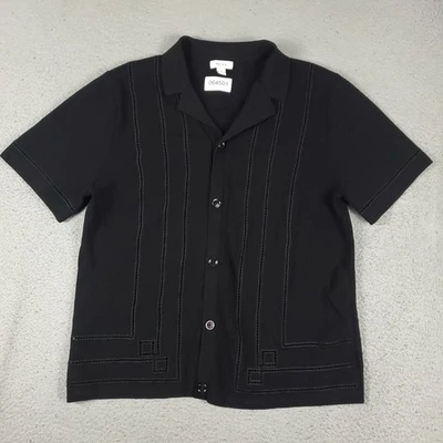 Camisa Reiss Para Hombre Grande Negra Tejida Cuello Cubano Informal Abotonada Manga Corta Foto 1 de 4