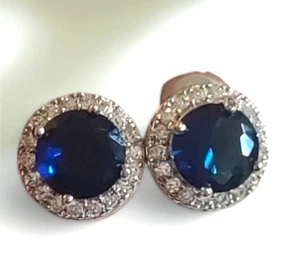 Round Blue Sapphire Cubic Zirconia Halo .925 Silver Plated Stud Earrings - Picture 1 of 7