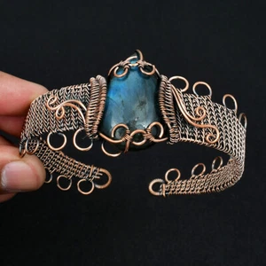 Natural Labradorite Gemstone Copper Wire Warpped Adjustable Bangle Jewelry - Picture 1 of 7