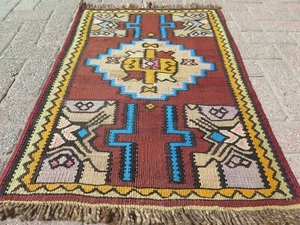 Turkish Kilim Wool Rug, Boho Rugs, Handmade Carpet, Bedroom Rug, DoorMat 26"x38" - Picture 1 of 17