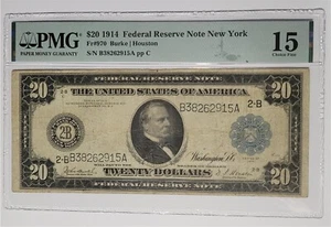 1914 $20 New York Federal Reserve Note PMG 15 Fr#970 Burke|Houston Choice Fine - Picture 1 of 2