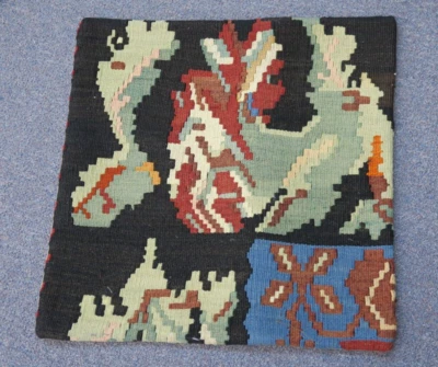 Vintage Old Turkish Bessarabian Kilim Pillow Cushion Hand Woven Wool 18" x 18" - Image 1 of 2