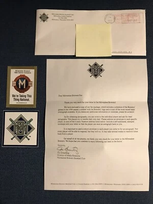 Milwaukee Brewers Mail Response From Team 1998 MLB Sticker Letter Etc See Photos - Image 1 of 4