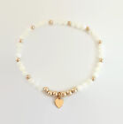Mother Of Pearl 4Mm Beads & 14K Gold Filled Bracelet With Heart Charm