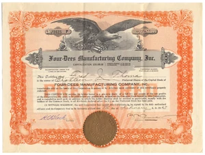 Four-Dees Manufacturing Company Stock Certificate (Ford Shock Absorbers, 1927) - Picture 1 of 2