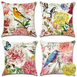 Pack of 4 Waterproof Outdoor Throw Pillow Covers 18x18 Inch Linen Flowers Bir... - Picture 1 of 9