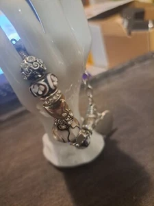 Women's Silver Charm Bracelet Black White And Silver Bead And Tube Dangle Charms - Picture 1 of 7