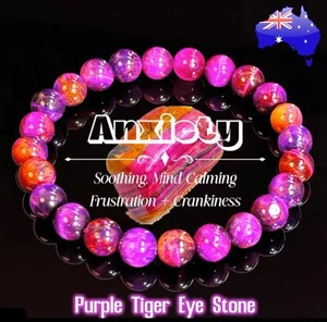 ANXIETY Relief Purple Tiger Eye Stone 8mm Bead Calming Soothing Stretch Bracelet - Picture 1 of 6