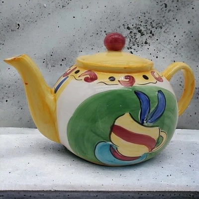Hausenware VTG Teapot Colorful Yellow Festive Artist Handpainted Crackle Design - Image 1 of 4