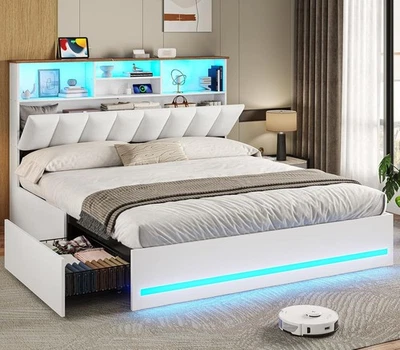 Queen Size Upholstered Bed Frame with Bookcase Headboard and 4 Storage Drawers - Image 1 of 4