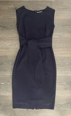 Boden Jessica Ponte 2P Navy Blue Knit Sheath Dress Tie Waist Midi Career Classy - Image 1 of 4