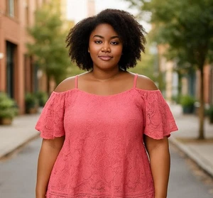 Miss Chevious Shirt Womens Size 2XL Pink Crochet Cold Shoulder Boho Sexy - Picture 1 of 13