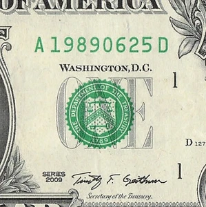 JUNE 25 1989 Birthday Fancy Serial Number Date Note One Dollar Bill 06 25 1989 - Picture 1 of 11