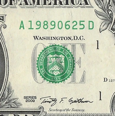 JUNE 25 1989 Birthday Fancy Serial Number Date Note One Dollar Bill 06 25 1989 - Image 1 of 4