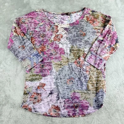 Vintage Prana Top Women Small Purple Pink Abstract Floral 3/4 Sleeve Nature USA - Image 1 of 4