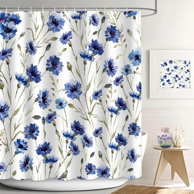 Blue Floral Shower Curtain, 72x72 Inch, Watercolor Flower, Waterproof, Hooks - Image 1 of 4