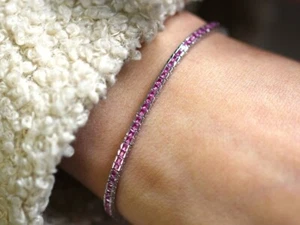 4Ct Princess Cut Lab Created Pink Sapphire Tennis Bracelet 14K White Gold Plated - Picture 1 of 8