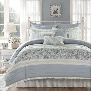 NUOVO! ~ SET PIUMONE ACCOGLIENTE COTTAGE SHABBY CHIC BIANCO PANNA MORBIDO PIZZO BLU VOLANT - Foto 1 di 6