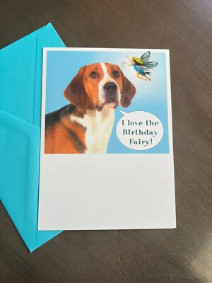 Divertida tarjeta de felicitación de cumpleaños al azar, saludos de papel reciclado para perros y hadas Foto 1 de 4