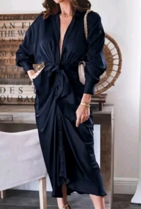 Women Navy Long Sleeve Satin Dress Spring Summer Lapel V Neck Button Down Sz M - Picture 1 of 4