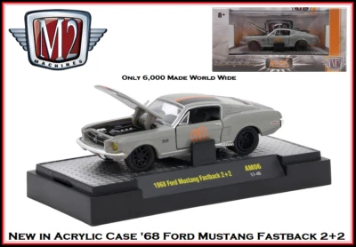 New M2 1/64 Diecast Car '68 Ford Mustang Fastback 2+2 in a Acrylic Display Case  - Image 1 of 4