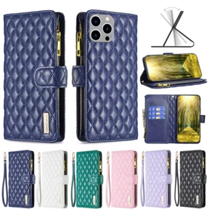For iPhone 11 12 13 14 15 16 Pro Max XS X Leather Zipper Bag Leather Wallet Case - Picture 1 of 12