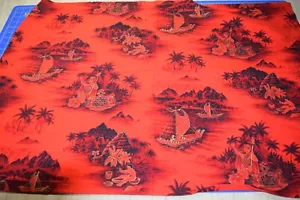 2382 Großes Stück 50er Jahre Hawaii Druck, orange mit Bergen, Booten, Königen - Bild 1 von 1