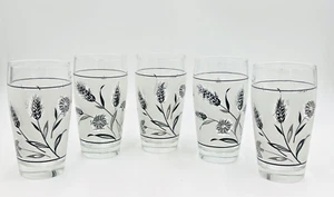 MCM Vintage Libbey Glass Silver Wheat & Thistle Frosted Glasses Set of 5 - Picture 1 of 7