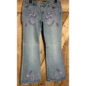 Jeans vintage anni 90 London donna taglia 8 snap fly Y2K borchie verniciate senza tasche sul retro - Foto 1 di 11