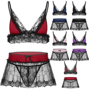 Men's Sissy Lace Bra Top Mini Skirt Thong Lingerie Set Crossdressing Nightwear