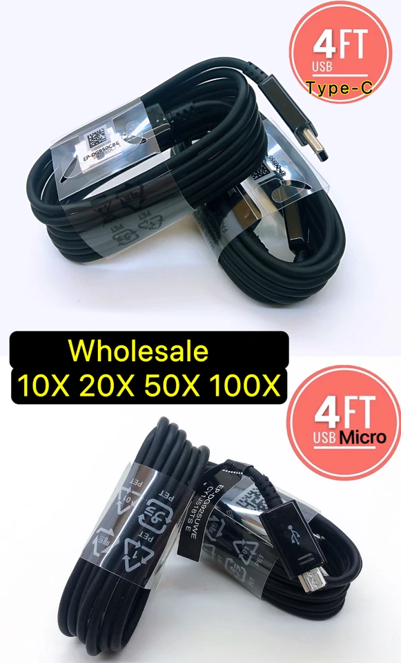 LOT 10/100 Type-C Micro USB Fast Charging Cable For OEM Samsung Phone Android BK - Image 1 of 1