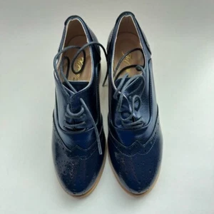 Size 7 FOWT Women's Perforated Lace-Up Oxfords Almond Toe Mid Chunky Heel Blue - Picture 1 of 9