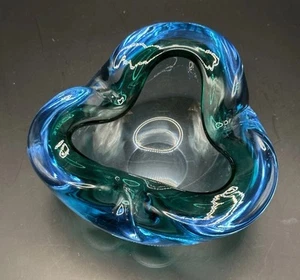 VTG MCM Murano Aqua Blue Pinched Sommerso Hand Blown Unanium Bowl 1960's Glows!! - Picture 1 of 5
