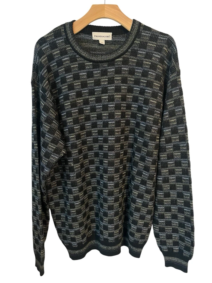 Suéter Pronto Umo Para Hombre XXL Vintage Lana Acrílico Negro Gris Cuadros Cuello Redondo Foto 1 de 4