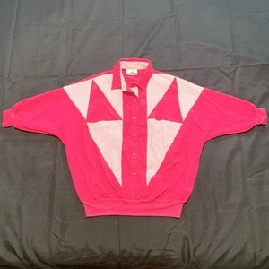 Vintage 80er Cortiva Damen L Button Up Windbreaker Seersucker gestreift hot pink - Bild 1 von 6