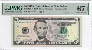 2017A $5 DALLAS FRN. Banconota PMG superba gemma non circolata 67 EPQ. - Foto 1 di 2
