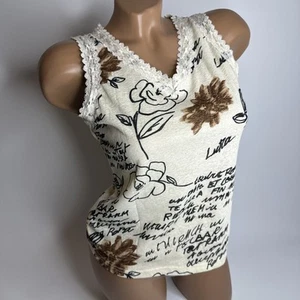 Y2K Cream Lace Trim Tank Top S Floral Script Print Grunge Coquette Indie Soft - Picture 1 of 9
