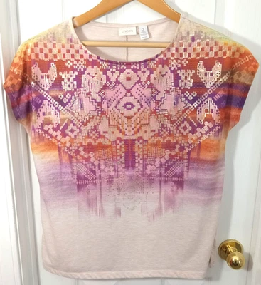 Chico’ s Tee Womens 2 (Large/12) Aztec Print Foil-Studded Front Short Sleeve Y2K - Image 1 of 4
