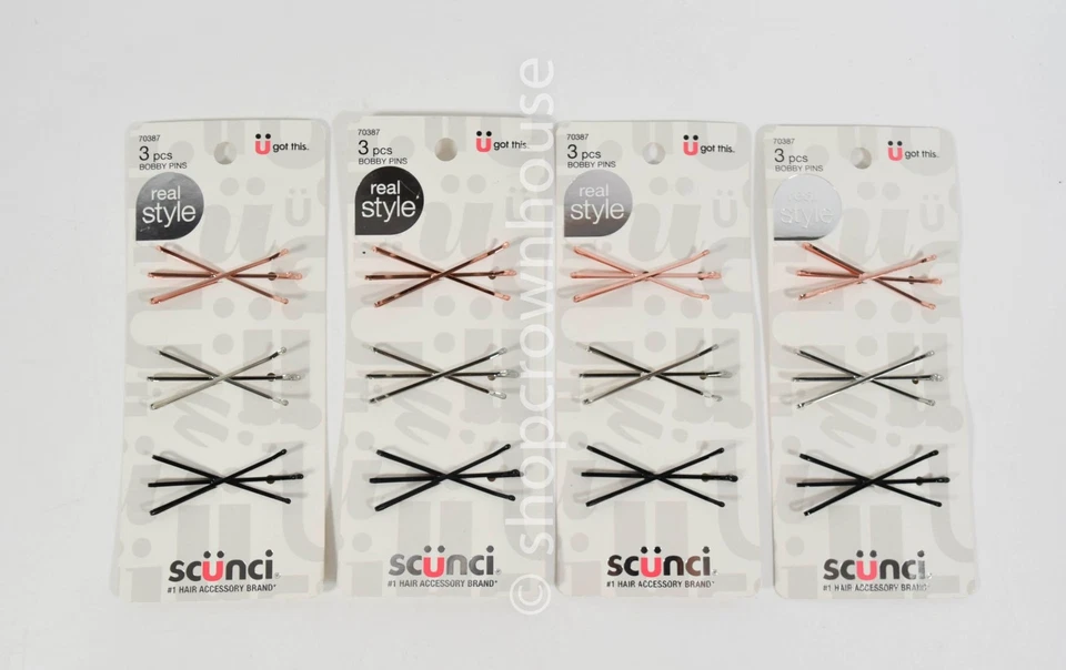4 packs SCUNCI Real Style Bobby Pins - BLACK-COPPER-SILVER - 3 per pack = 12 - Image 1 of 1