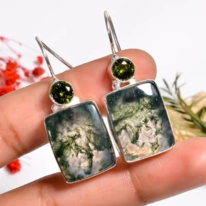Moos Achat Peridot Edelstein Handmade Jewelry.925 Silber Ohrringe 1.6 " SU12854 - Bild 1 von 6