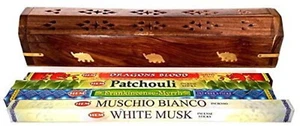 Elephant 12" Wooden Coffin Incense Burner & Hem Incense Stick Bundle - Picture 1 of 3