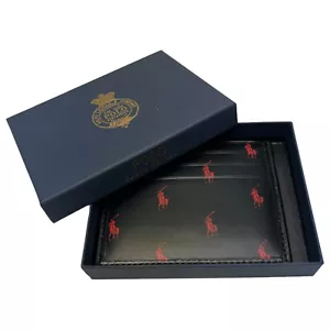 Polo Ralph Lauren Black Red Leather Wallet Slim Card Case Pony Logo Print $75 - Picture 1 of 3