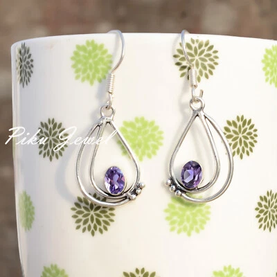 Pietra preziosa ametista sfaccettata argento sterling 925 goccia e pendente o... - Immagine 1 di 4