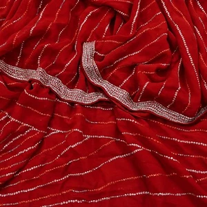 Vintage Heavy Red Dupatta Pure Georgette Silk Long Stole Hand Embroidered Scarf - Picture 1 of 22