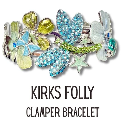 Kirks Folly Hinged Clamper Bracelet Blue Green Floral Dragon Fly Lady Bug Gnome - Image 1 of 4
