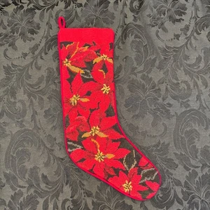 Vintage Needlepoint Christmas Stocking Poinsettia 21" - Picture 1 of 4