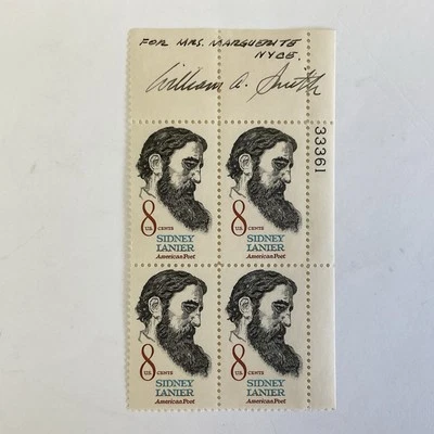 United States stamps~1972~Sidney Lanier~#1446~signed William A Smith~plate block - Image 1 of 3