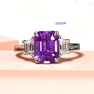 14k White Gold Women Ring 2.50 Ct Lab Grown Diamond Emerald Cut Violet Sapphire - Picture 1 of 9